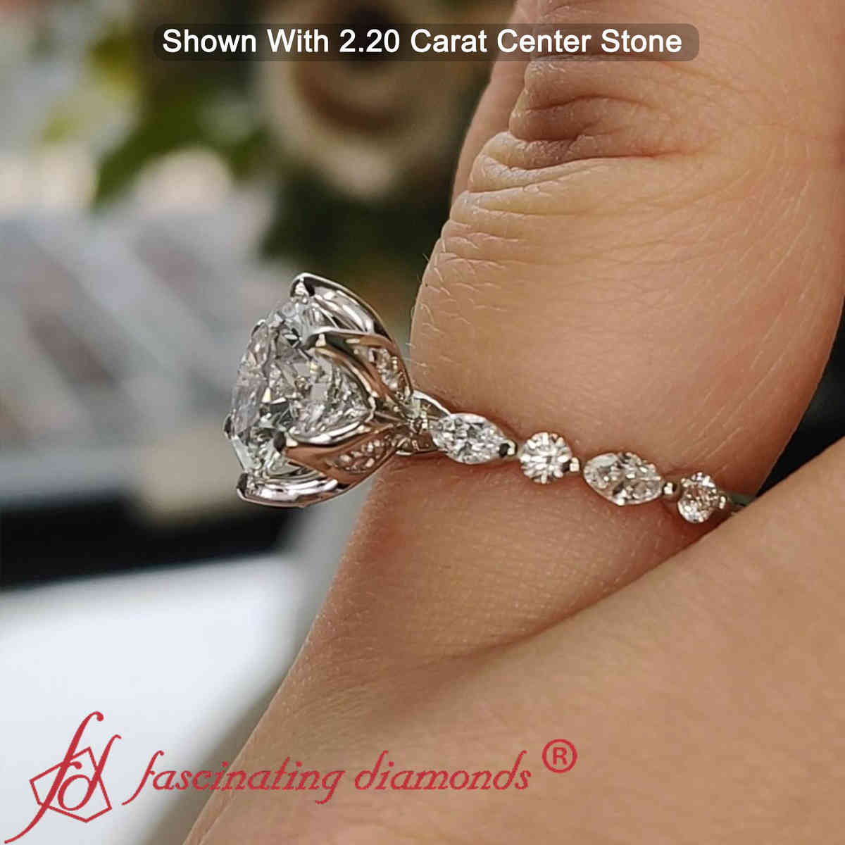 Floral Head Accented Luxury Lab Diamond Ring with 14K White Gold White Diamond