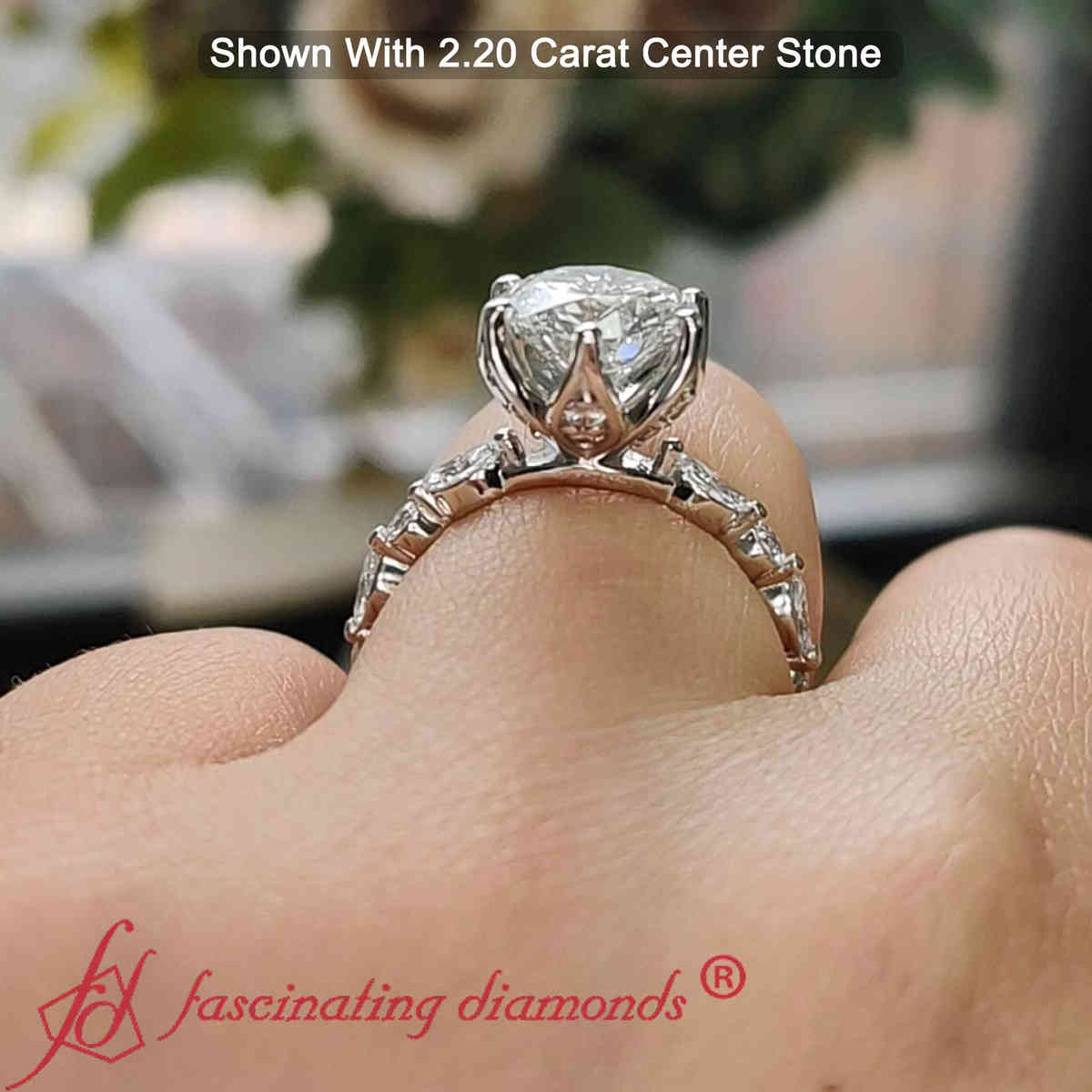 Floral Head Accented Luxury Lab Diamond Ring with 14K White Gold White Diamond