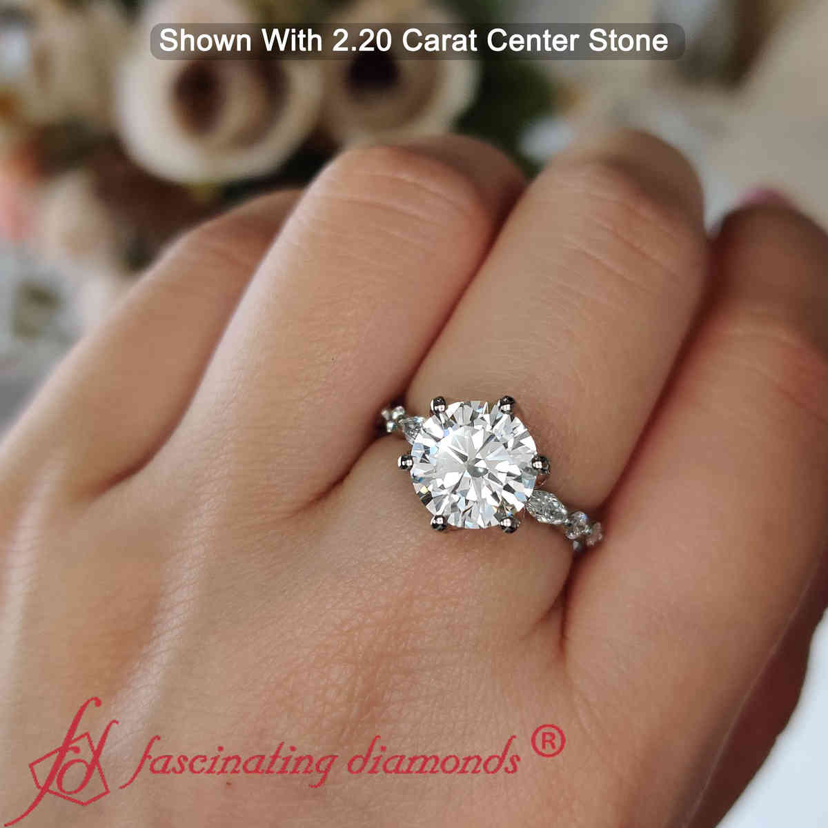 Floral Head Accented Luxury Lab Diamond Ring with 14K White Gold White Diamond
