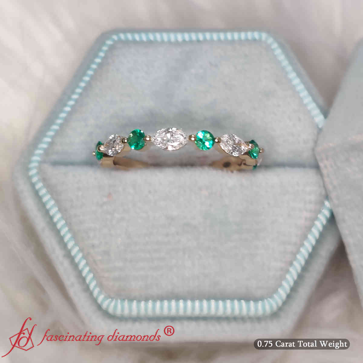Shared Prong Marquise Stacking Ring with 14K Yellow Gold Green Emerald