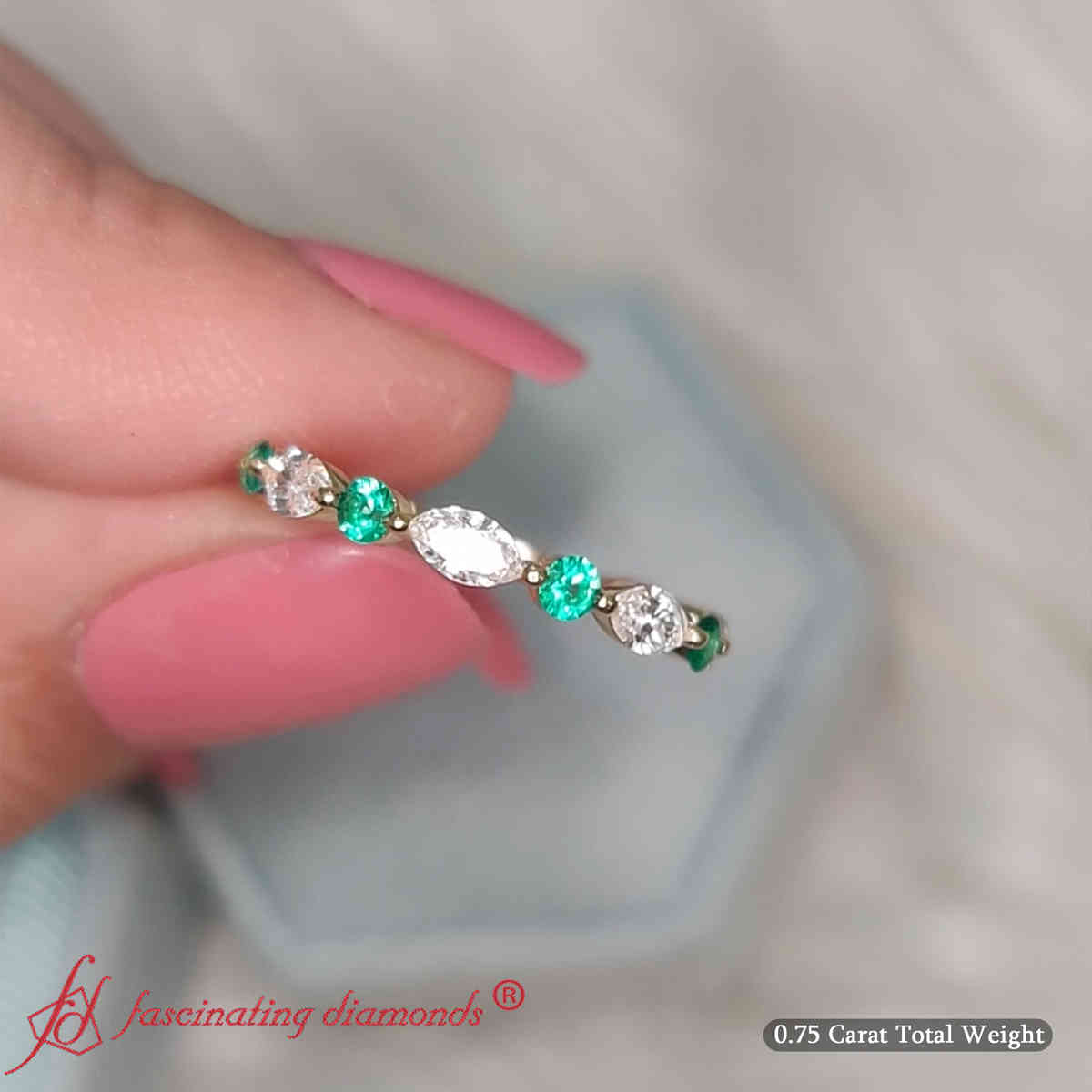 Shared Prong Marquise Stacking Ring with 14K Yellow Gold Green Emerald