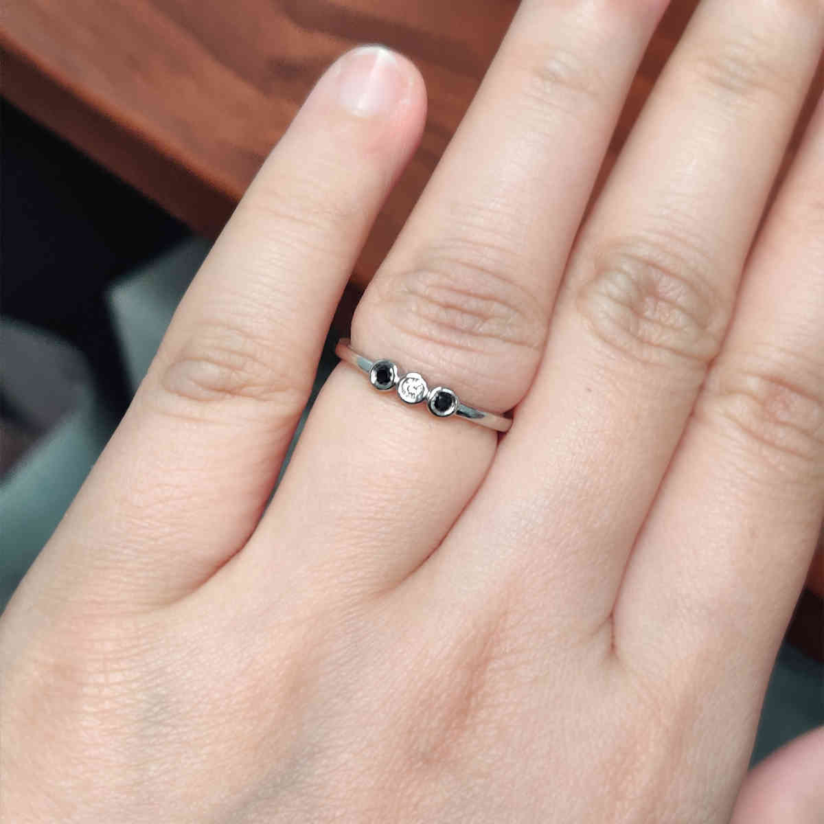 Delicate Bezel Stack Ring with 14K White Gold Black Diamond