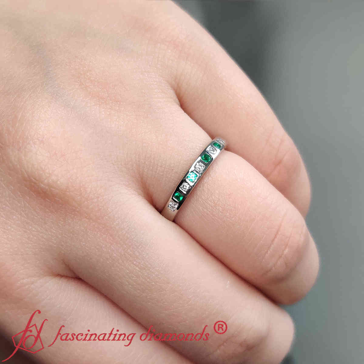 Bar Set Diamond Ring For Her with 950 Platinum Green Emerald