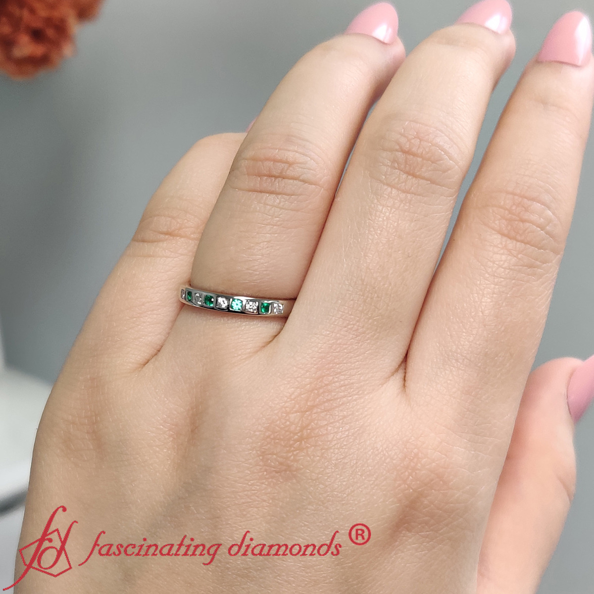 Bar Set Diamond Ring For Her with 950 Platinum Green Emerald