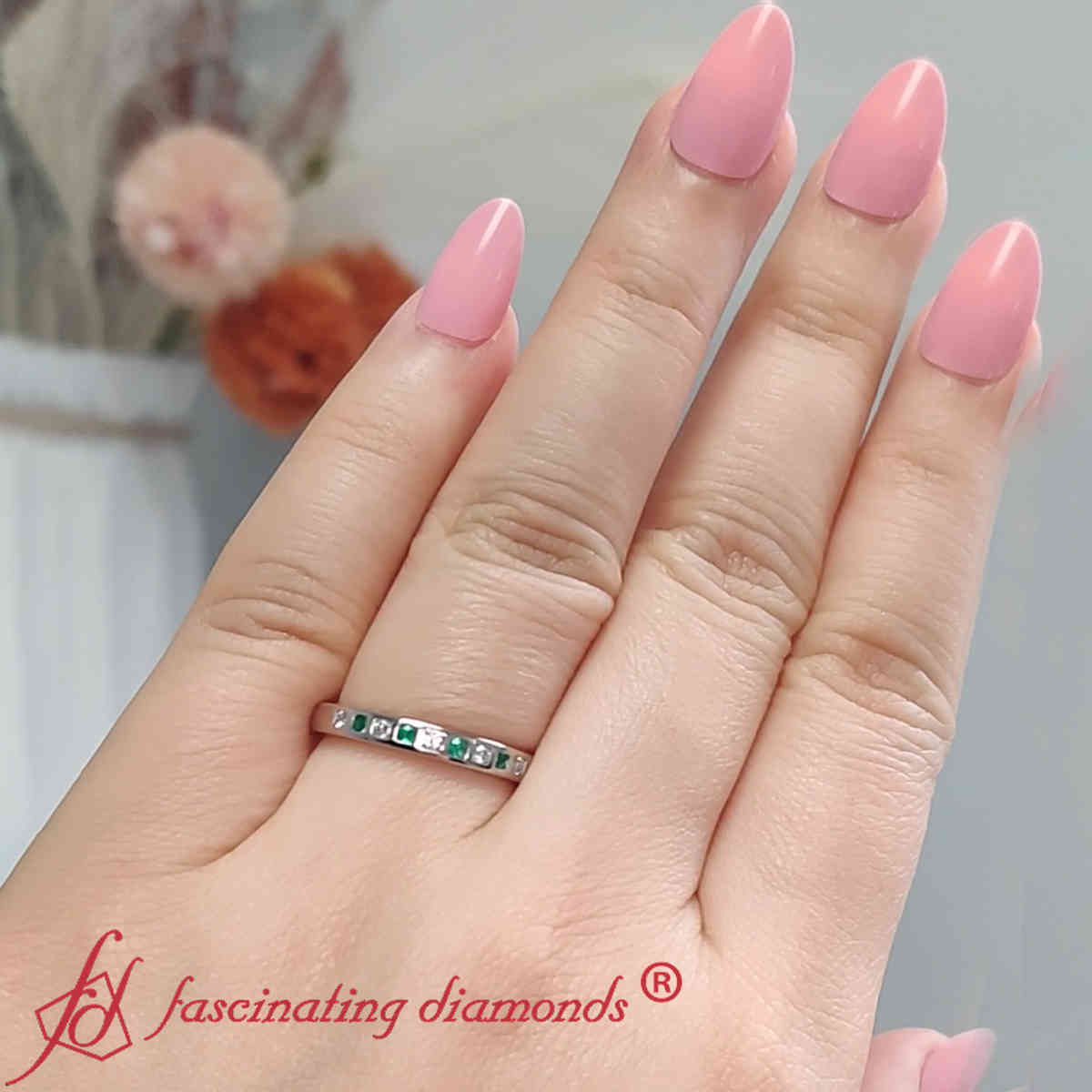 Bar Set Diamond Ring For Her with 950 Platinum Green Emerald