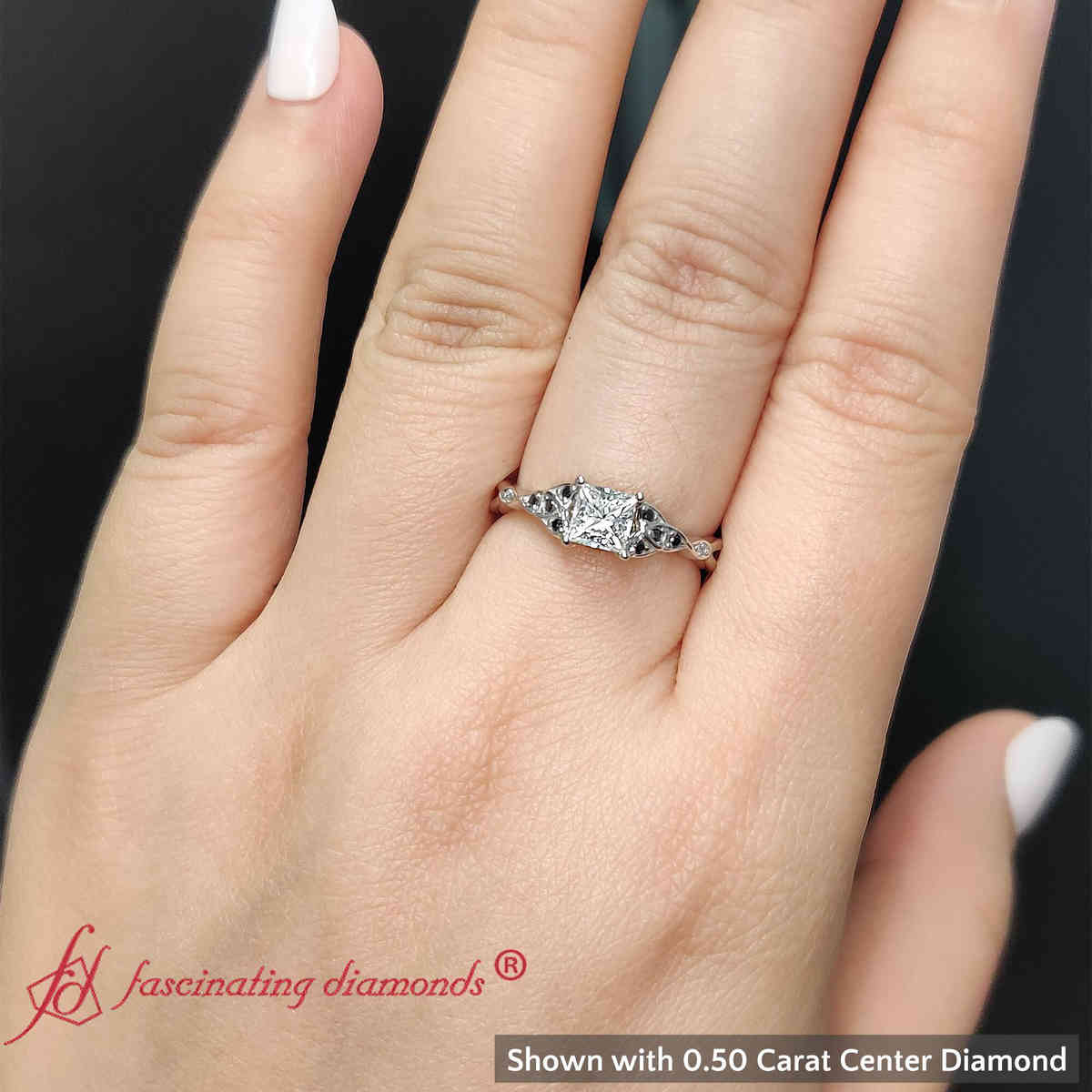 0.50 Ct. Princess Cut Celtic Knot Split Ring with 14K White Gold Black Diamond