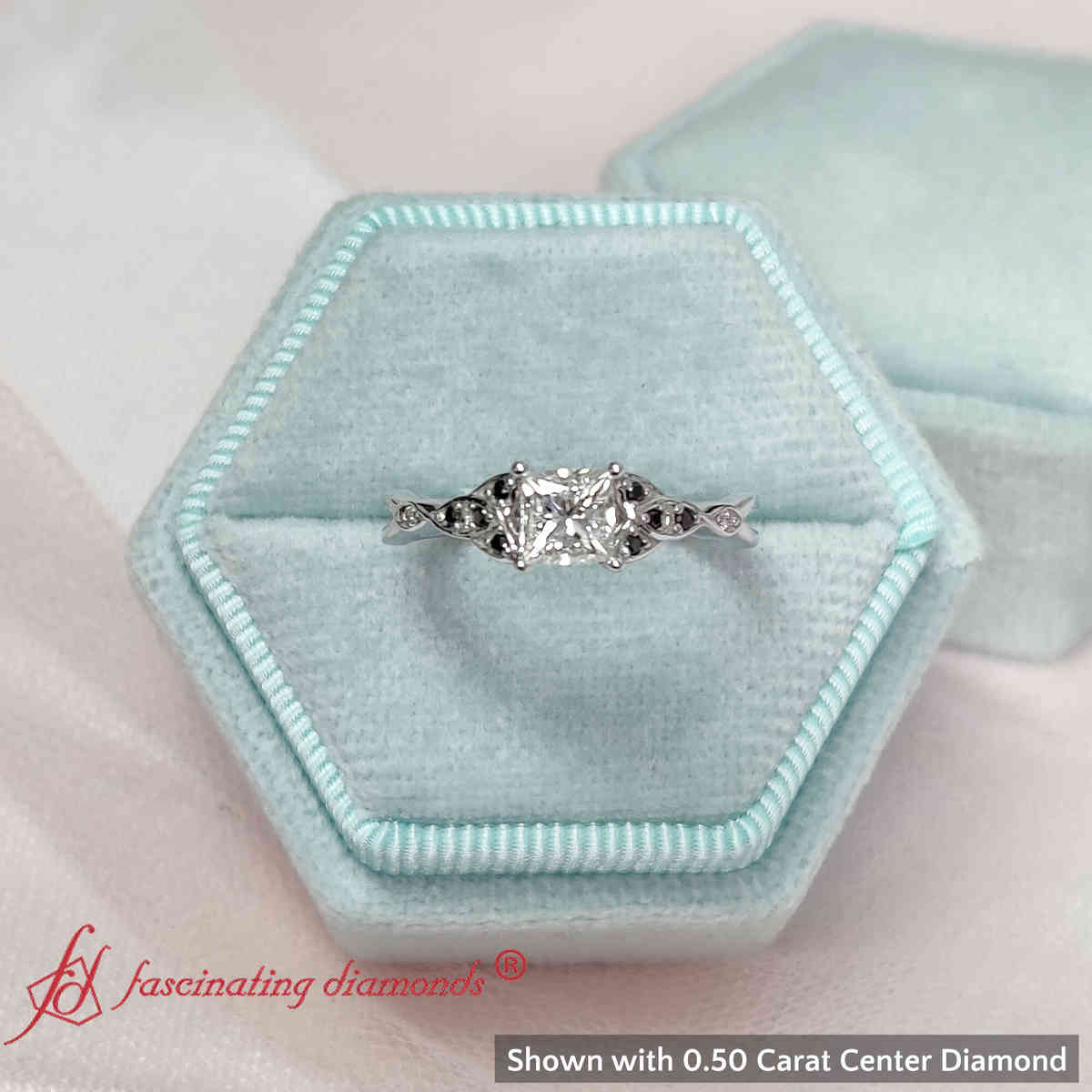 0.50 Ct. Princess Cut Celtic Knot Split Ring with 14K White Gold Black Diamond