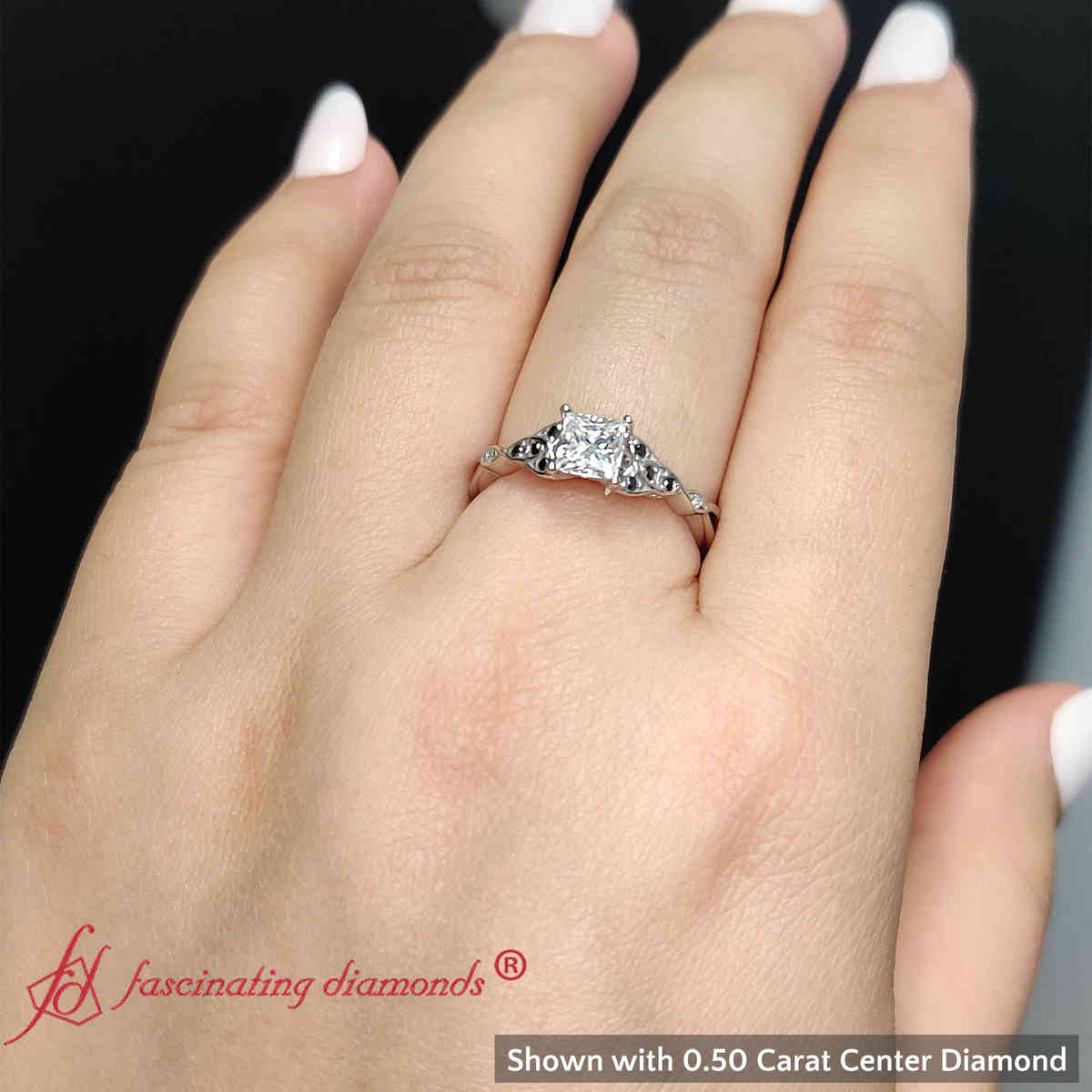 0.50 Ct. Princess Cut Celtic Knot Split Ring with 14K White Gold Black Diamond