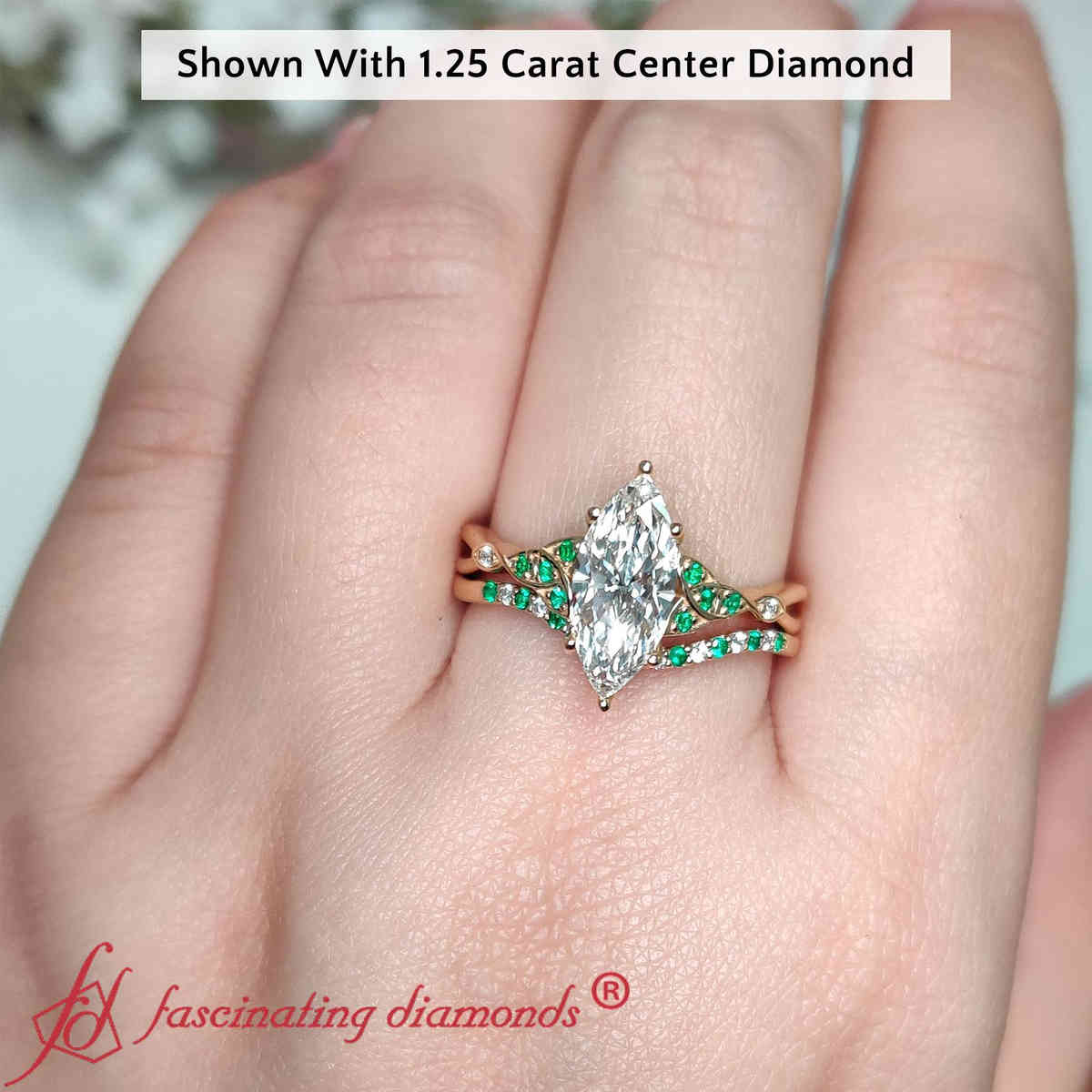 1.50 Ct. Marquise Celtic Lab Diamond Wedding Ring Set with 14K Yellow Gold Green Emerald