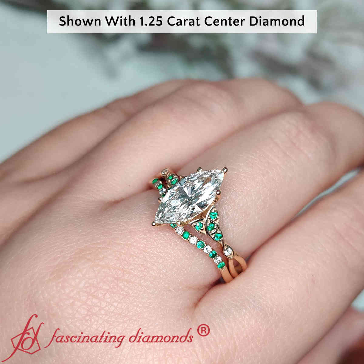 1.50 Ct. Marquise Celtic Lab Diamond Wedding Ring Set with 14K Yellow Gold Green Emerald