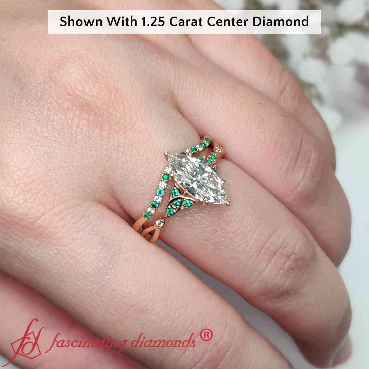 1.50 Ct. Marquise Celtic Lab Diamond Wedding Ring Set with 14K Yellow Gold Green Emerald