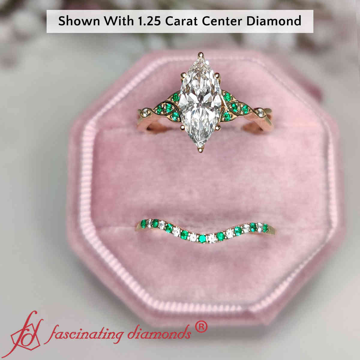 1.50 Ct. Marquise Celtic Lab Diamond Wedding Ring Set with 14K Yellow Gold Green Emerald