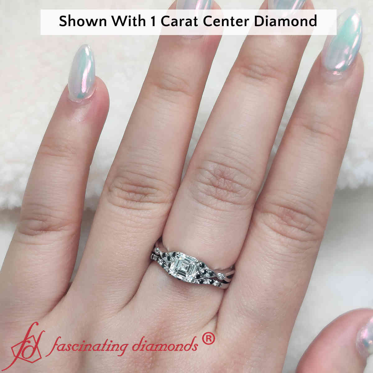 1 Carat Asscher Celtic Knot Split Wedding Set with 14K White Gold Black Diamond