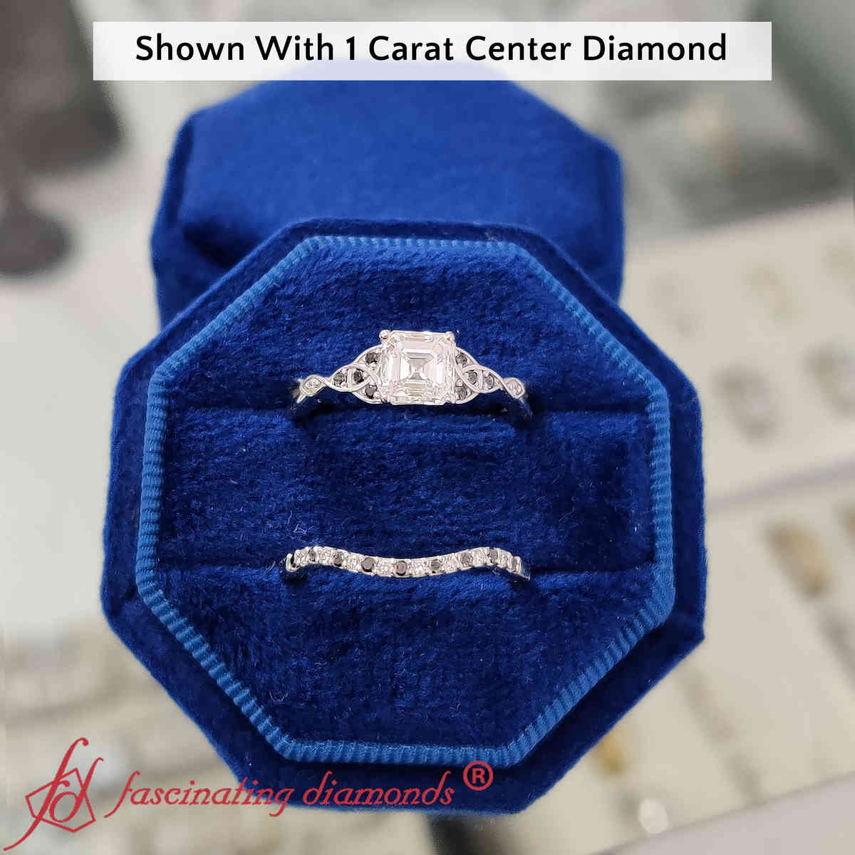 1 Carat Asscher Celtic Knot Split Wedding Set with 14K White Gold Black Diamond
