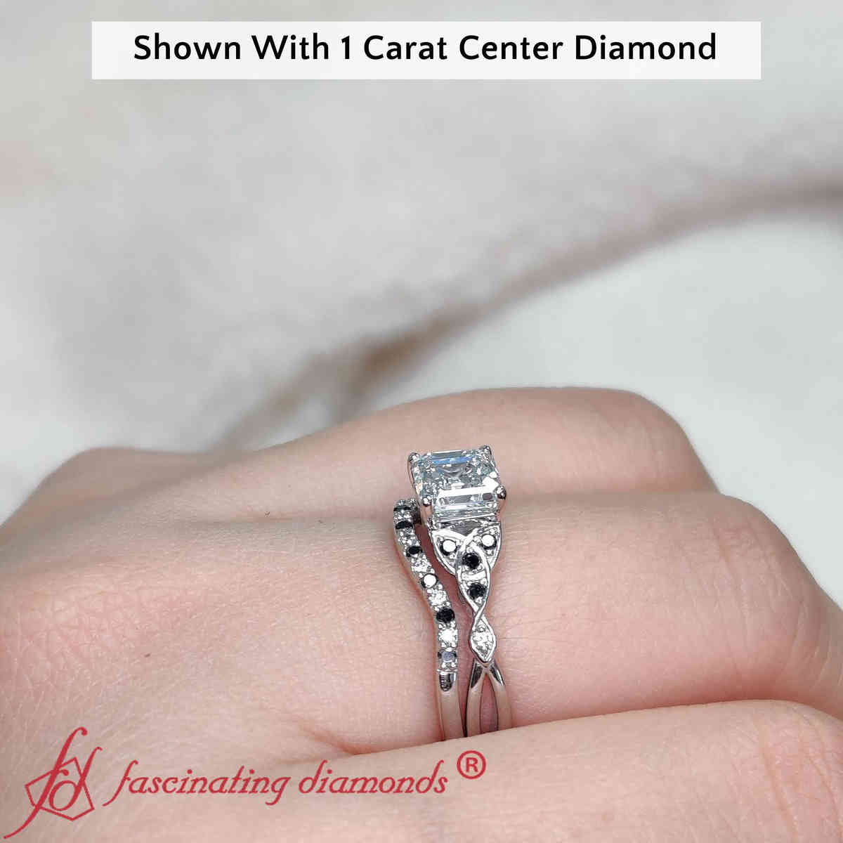 1 Carat Asscher Celtic Knot Split Wedding Set with 14K White Gold Black Diamond