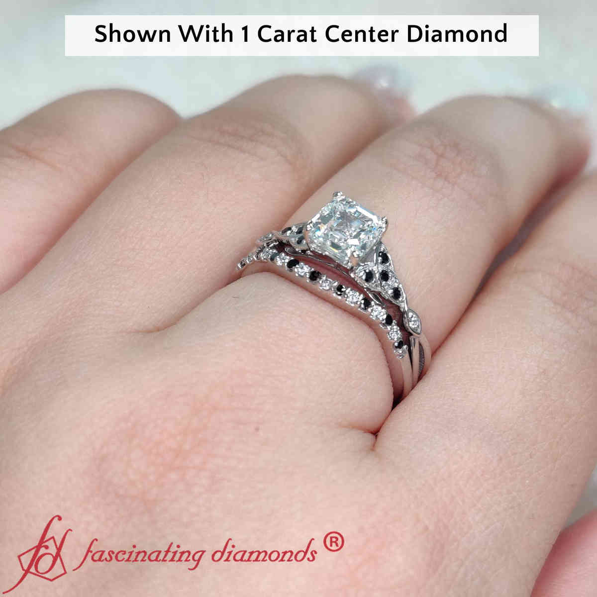 1 Carat Asscher Celtic Knot Split Wedding Set with 14K White Gold Black Diamond