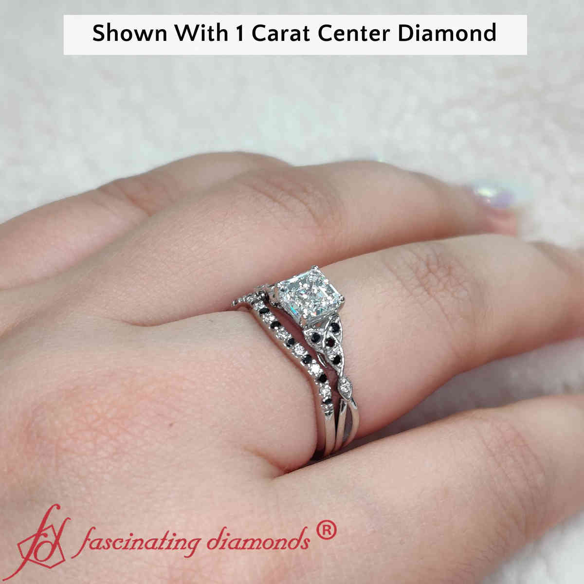 1 Carat Asscher Celtic Knot Split Wedding Set with 14K White Gold Black Diamond