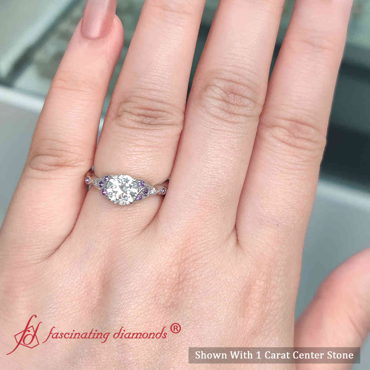 Celtic Knot Diamond Engagement Ring with 18K White Gold Purple Amethyst