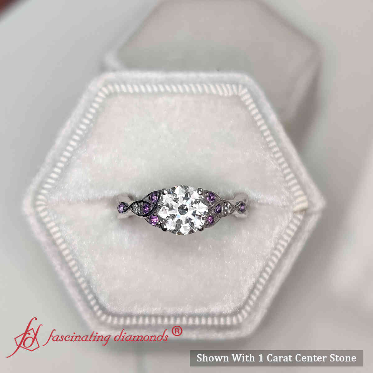 Celtic Knot Diamond Engagement Ring with 18K White Gold Purple Amethyst