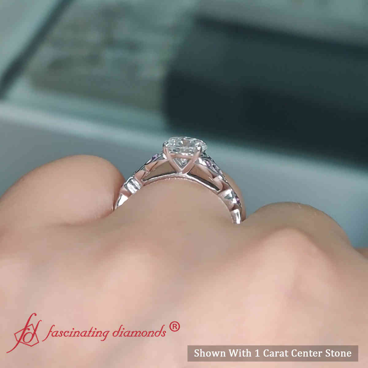 Celtic Knot Diamond Engagement Ring with 18K White Gold Purple Amethyst