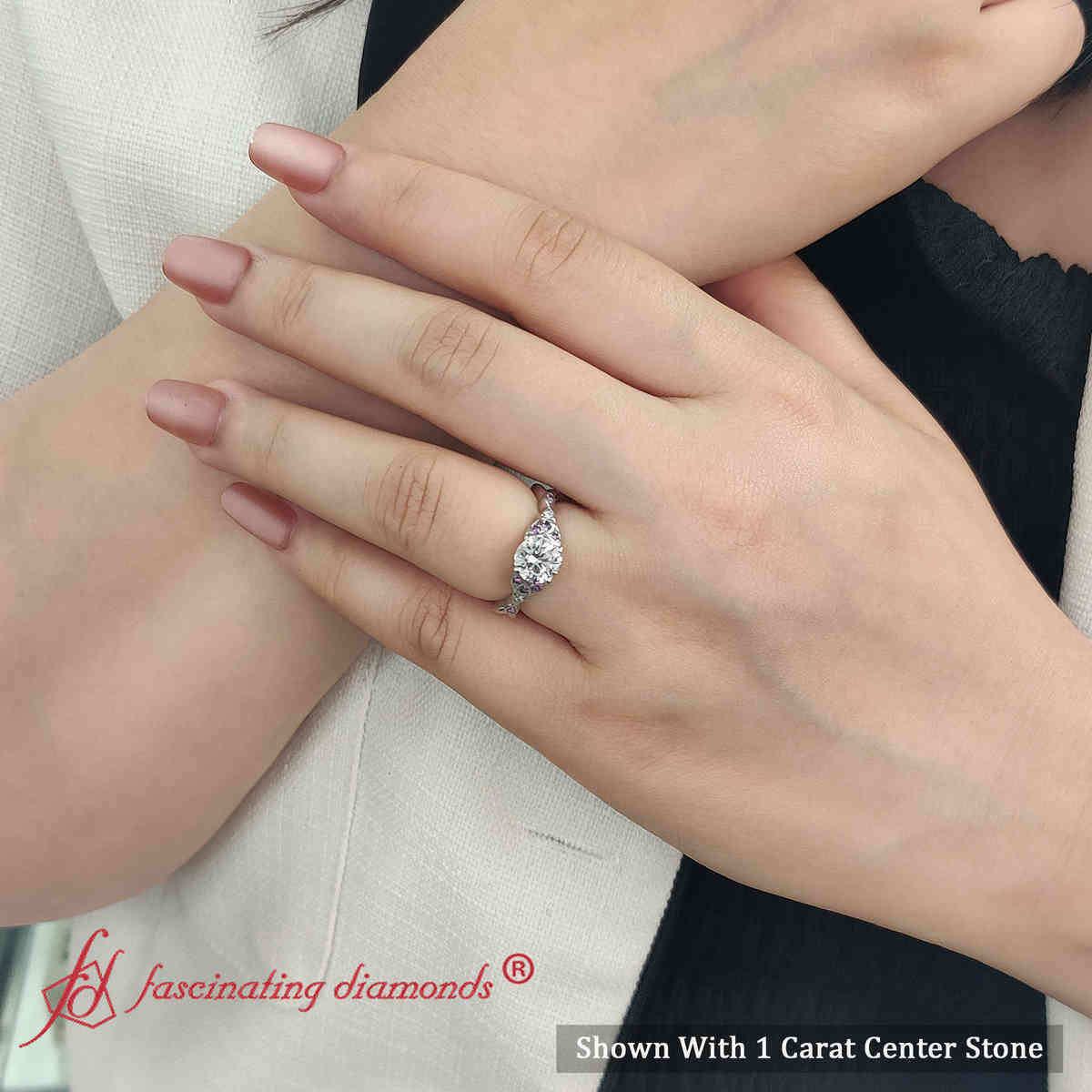 Celtic Knot Diamond Engagement Ring with 18K White Gold Purple Amethyst