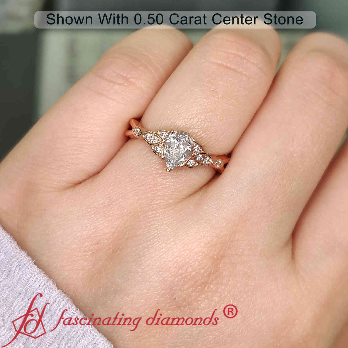 Pear Shaped Celtic Knot Split Small Engagement Ring with White Diamond in 14K Rose Gold