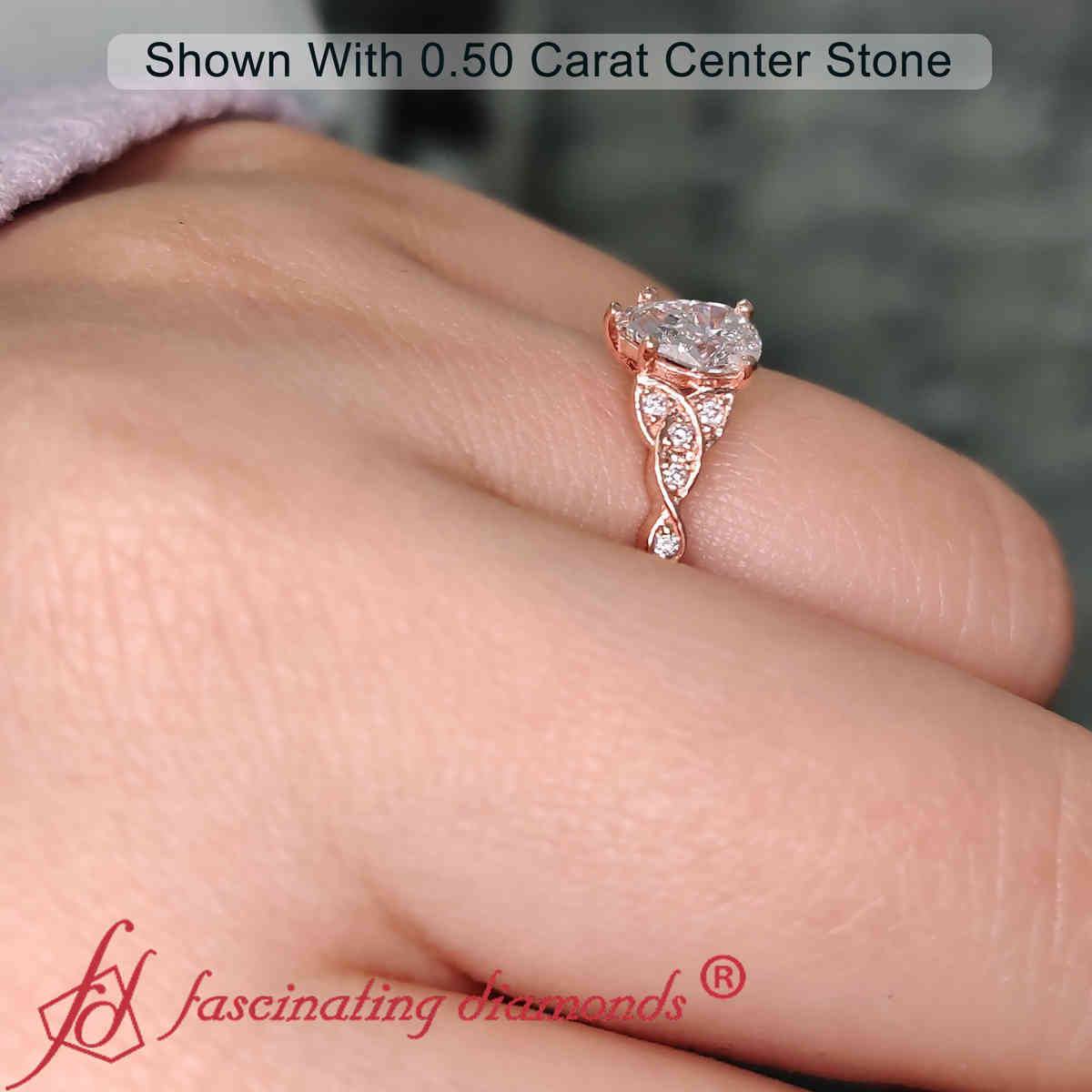 Pear Shaped Celtic Knot Split Small Engagement Ring with White Diamond in 14K Rose Gold