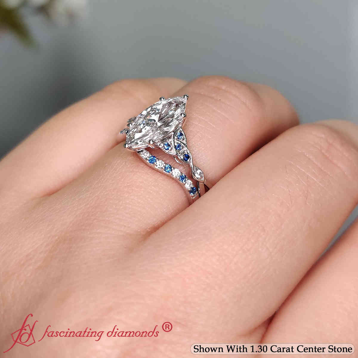 Marquise Cut Lab Diamond Celtic Love Knot Bridal Set with 14K White Gold Blue Sapphire