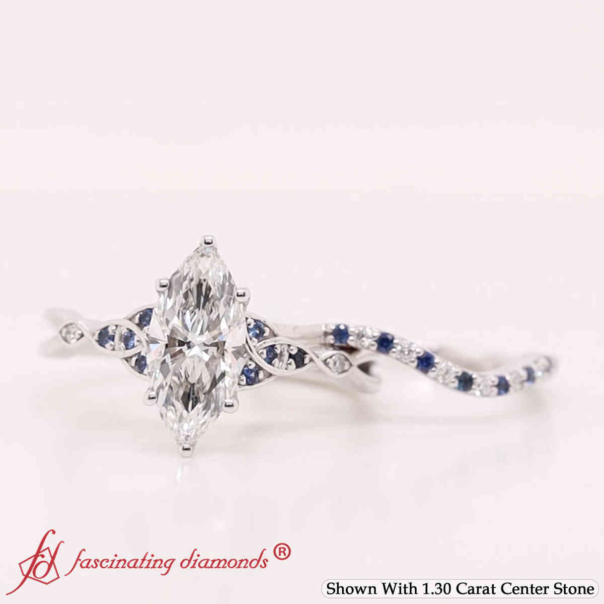 Marquise Cut Lab Diamond Celtic Love Knot Bridal Set with 14K White Gold Blue Sapphire