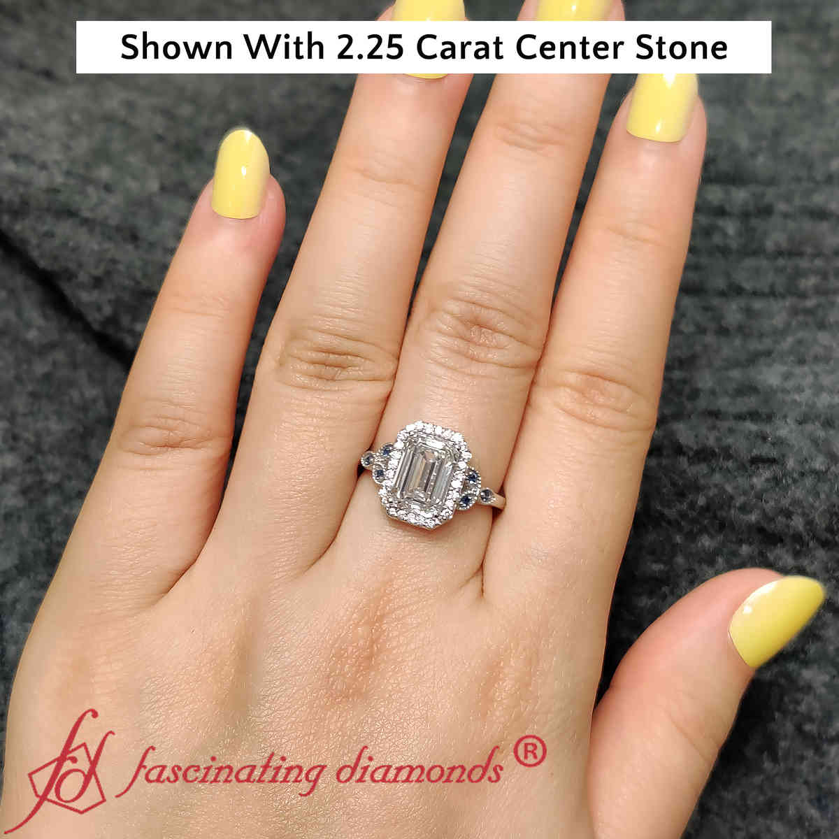 2.50 Ct Emerald Cut Diamond With Gemstone Ring with 14K White Gold Blue Sapphire