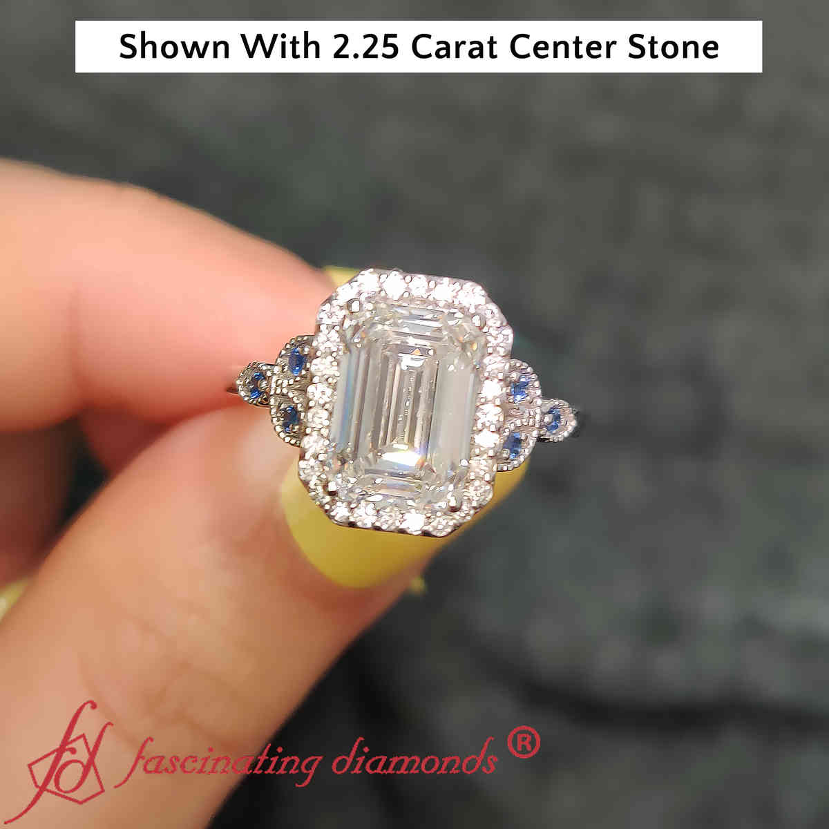 2.50 Ct Emerald Cut Diamond With Gemstone Ring with 14K White Gold Blue Sapphire