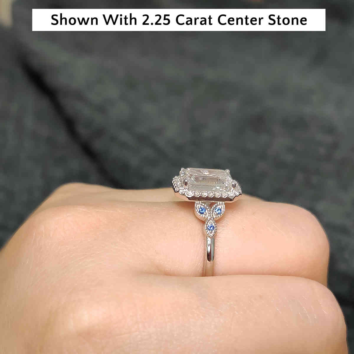 2.50 Ct Emerald Cut Diamond With Gemstone Ring with 14K White Gold Blue Sapphire
