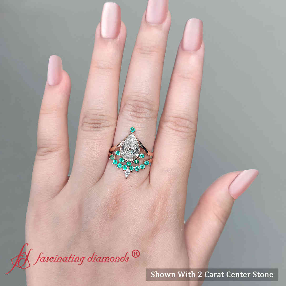 Big Pear Shaped Lab Diamond Crown Wedding Ring Set with 18K Rose Gold Green Emerald