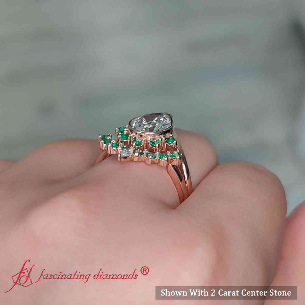 Big Pear Shaped Lab Diamond Crown Wedding Ring Set with 18K Rose Gold Green Emerald