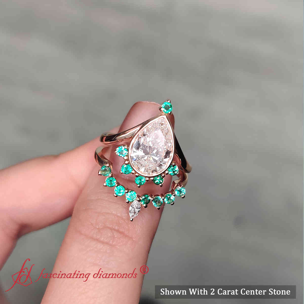 Big Pear Shaped Lab Diamond Crown Wedding Ring Set with 18K Rose Gold Green Emerald