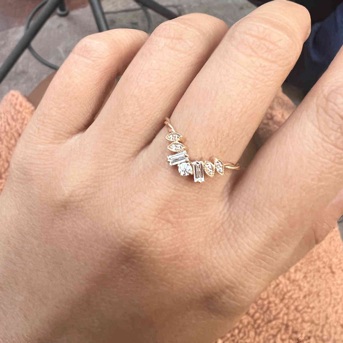 Round Baguette Twisted Wedding Band with 14K Yellow Gold White Diamond