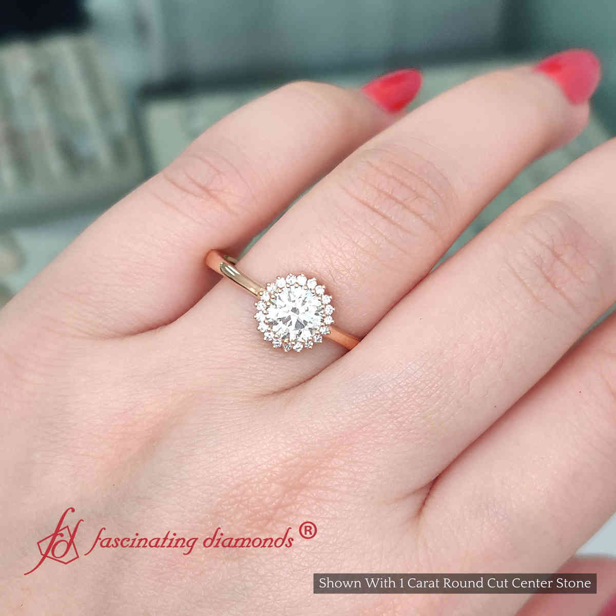 1 Carat Round Cut Diamond Floral Halo Engagement Ring with 18K Rose Gold White Diamond