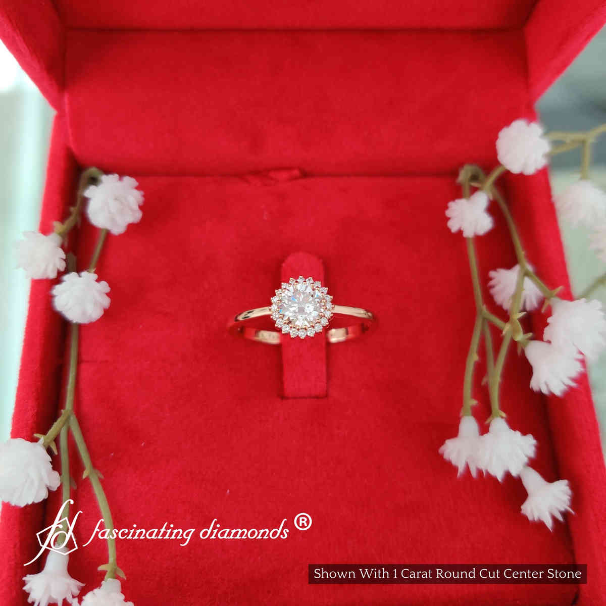 1 Carat Round Cut Diamond Floral Halo Engagement Ring with 18K Rose Gold White Diamond