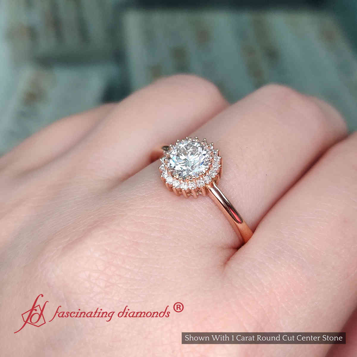 1 Carat Round Cut Diamond Floral Halo Engagement Ring with 18K Rose Gold White Diamond