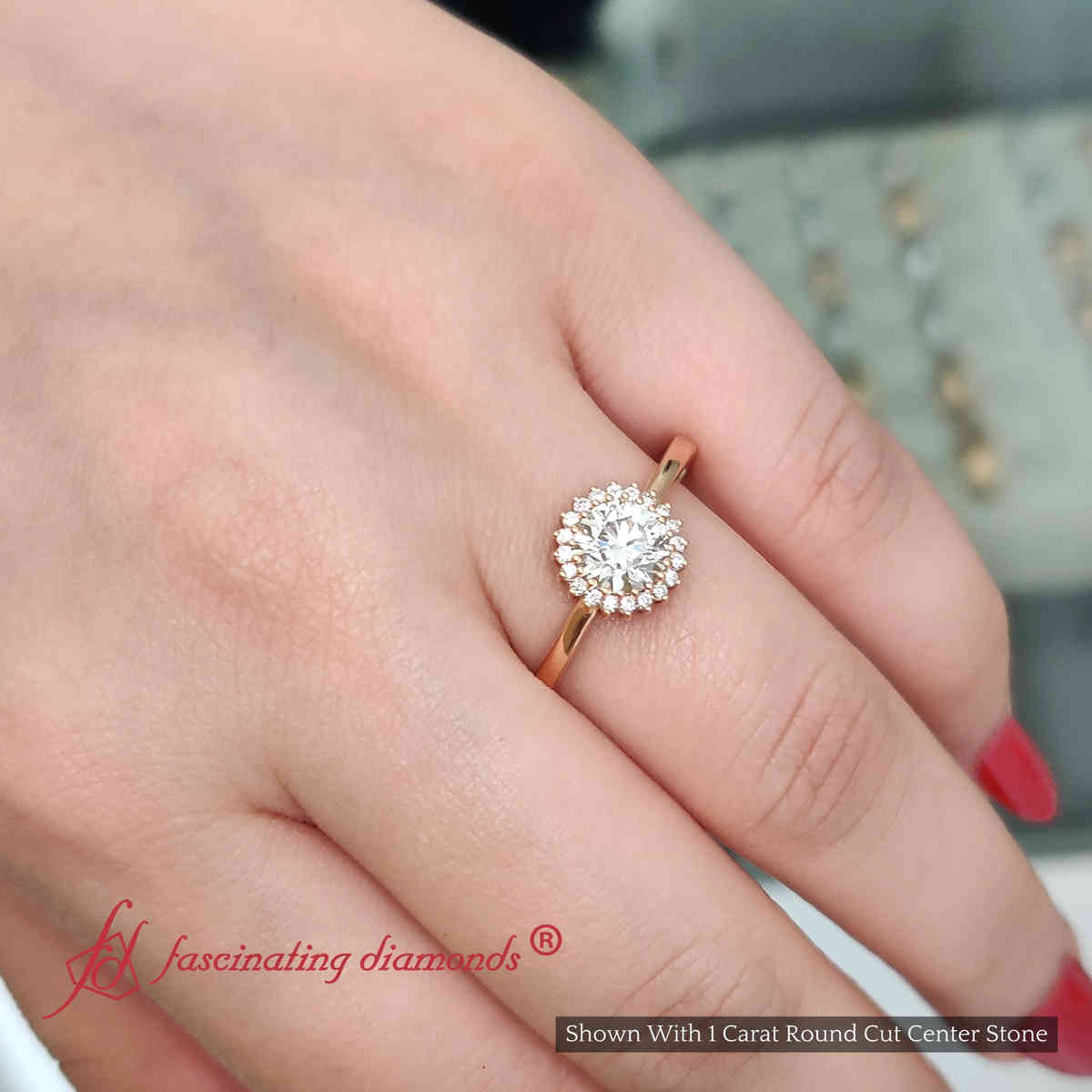 1 Carat Round Cut Diamond Floral Halo Engagement Ring with 18K Rose Gold White Diamond