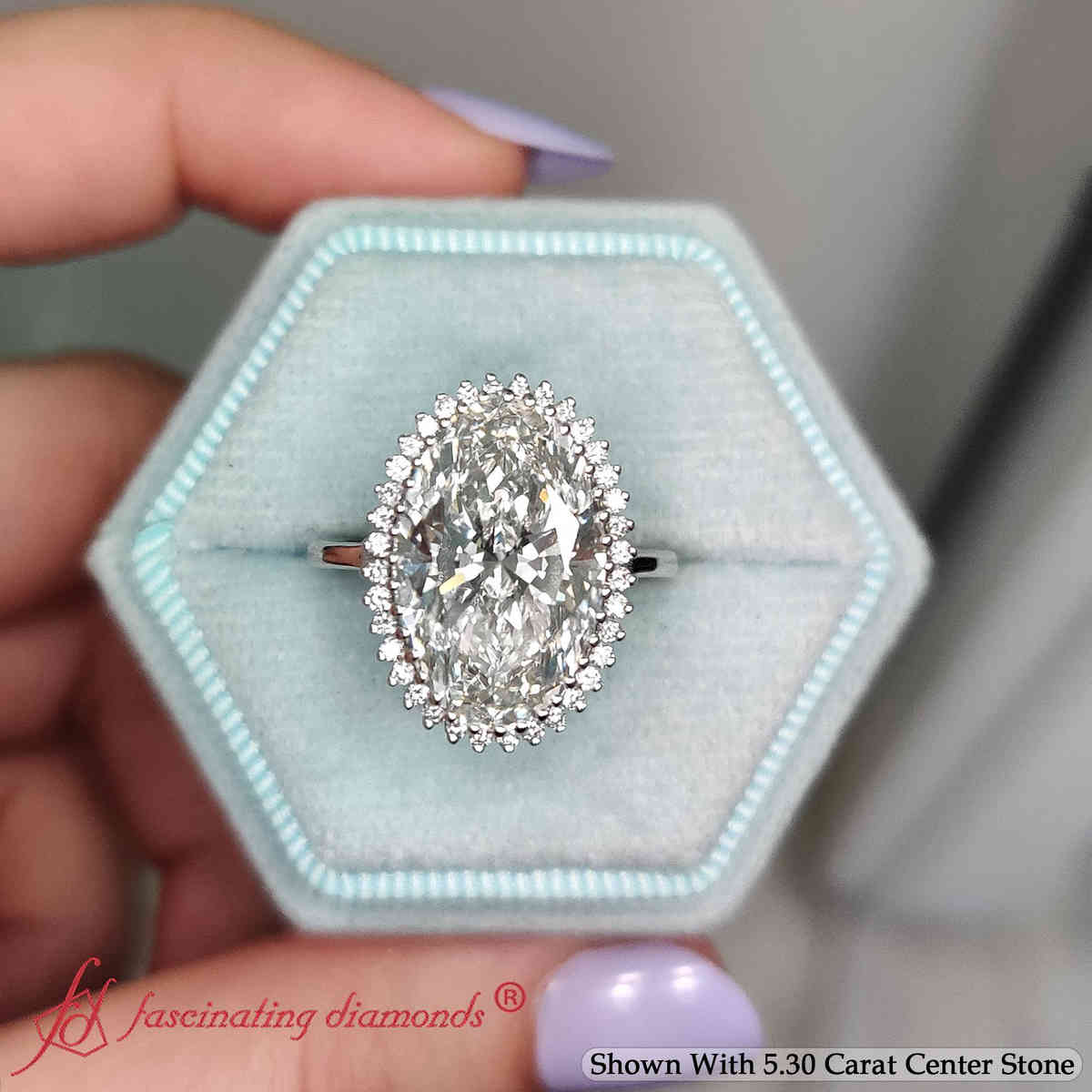 Luxury Big Oval Lab Diamond Floral Cluster Halo Ring with 14K White Gold White Diamond