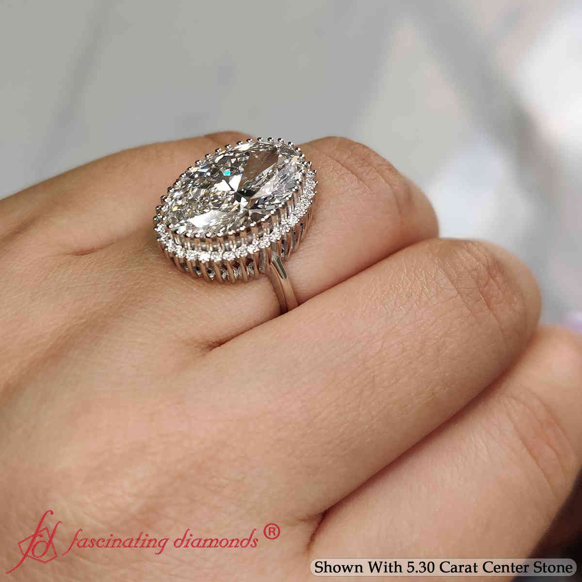 Luxury Big Oval Lab Diamond Floral Cluster Halo Ring with 14K White Gold White Diamond