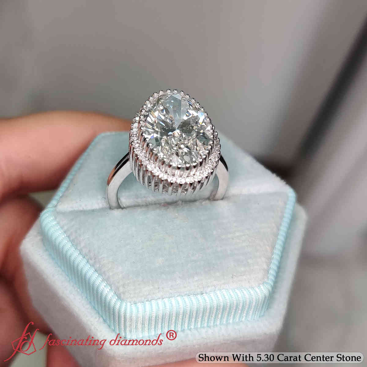 Luxury Big Oval Lab Diamond Floral Cluster Halo Ring with 14K White Gold White Diamond