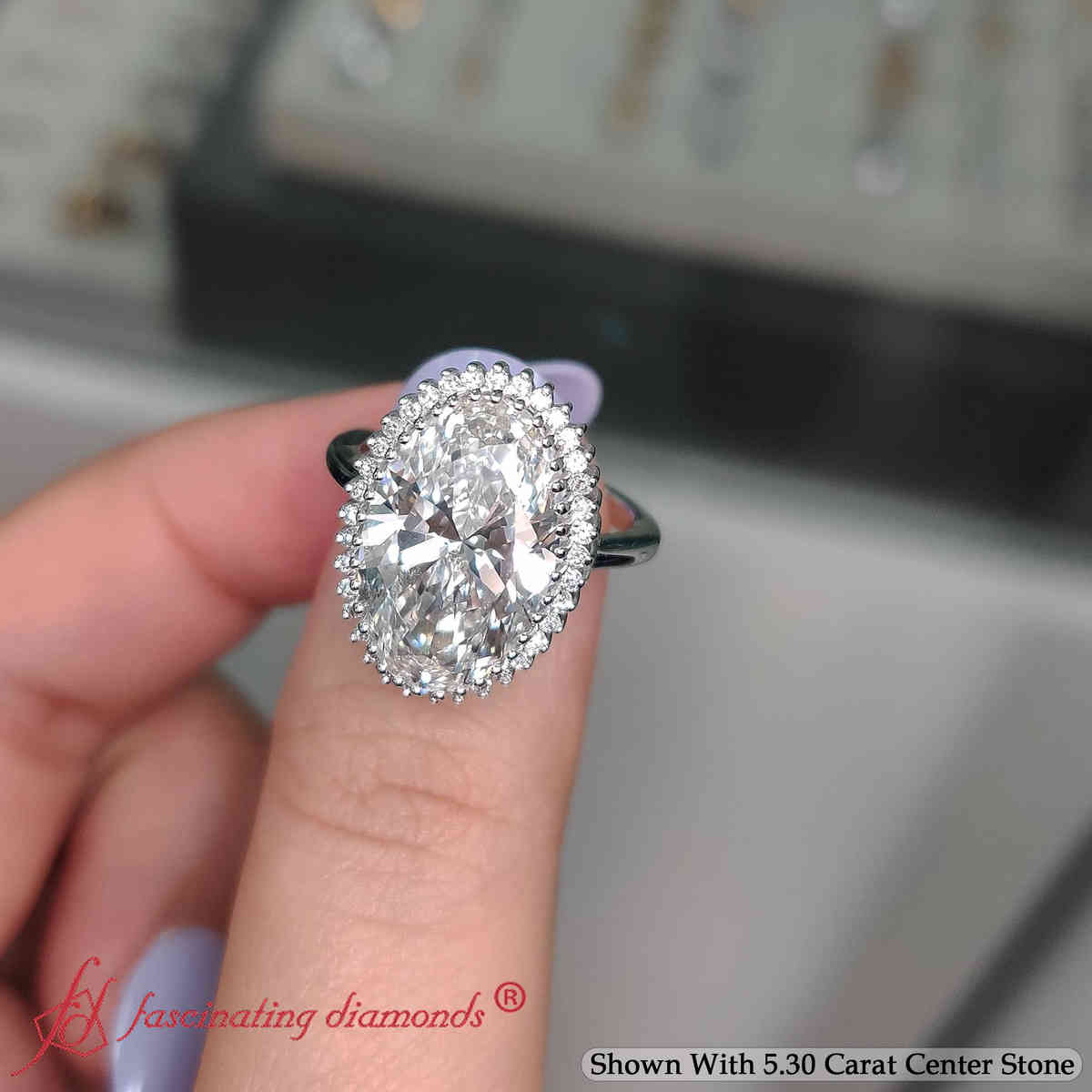 Luxury Big Oval Lab Diamond Floral Cluster Halo Ring with 14K White Gold White Diamond