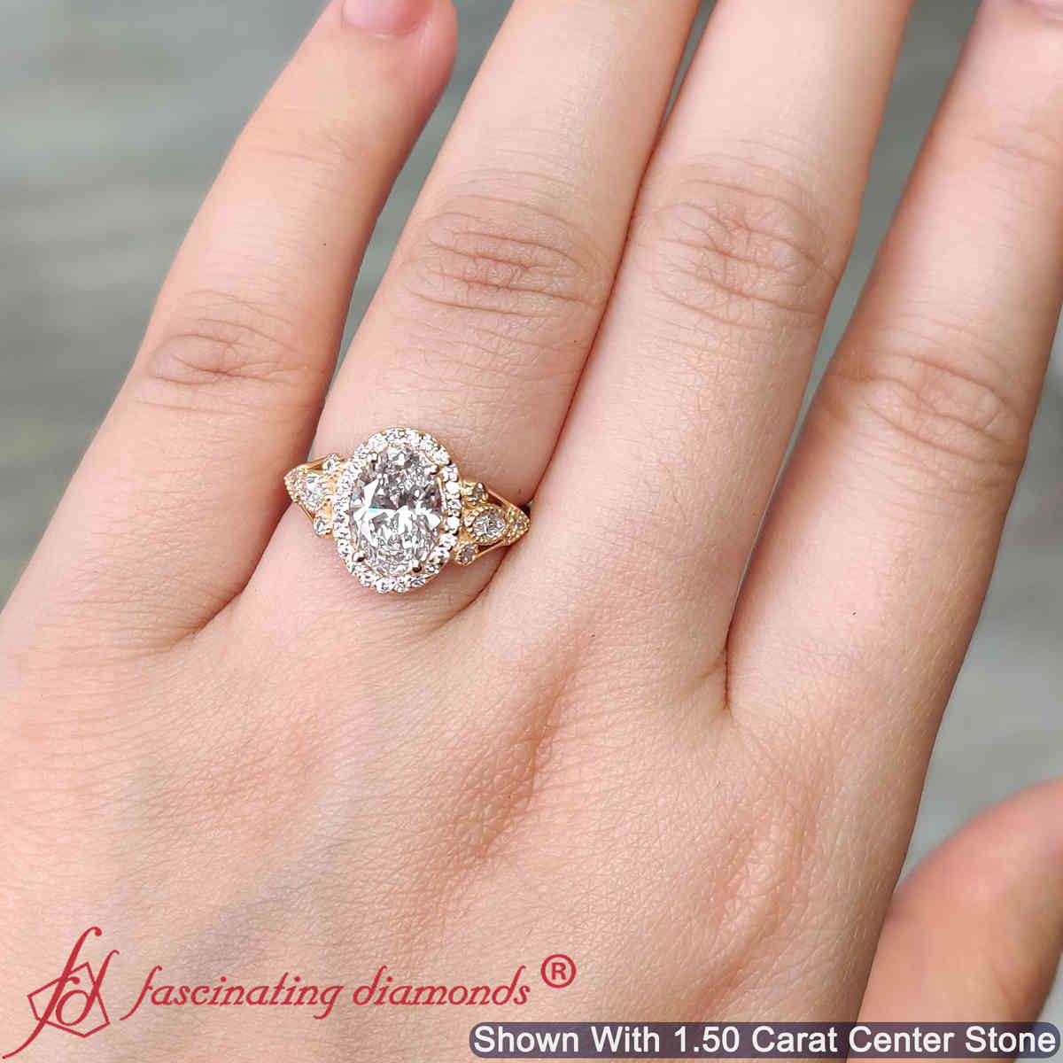 Oval Shaped Oval Halo Edwardian Ring with White Diamond in 14K Yellow Gold