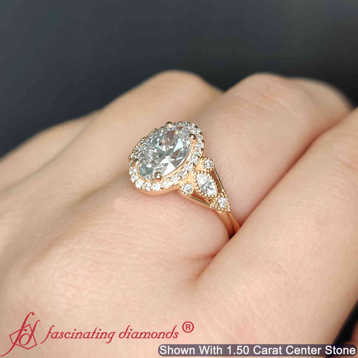 Oval Shaped Oval Halo Edwardian Ring with White Diamond in 14K Yellow Gold