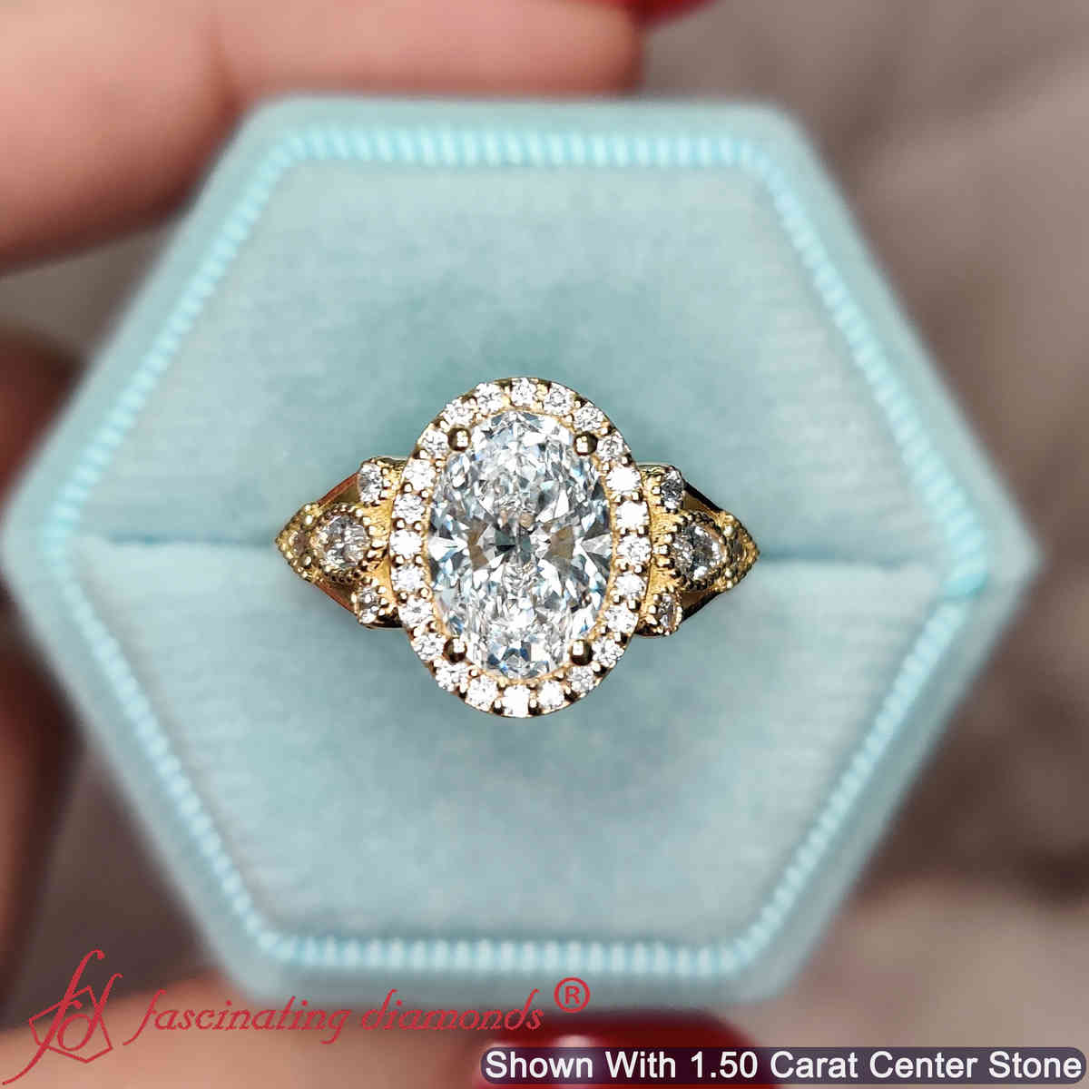 Oval Shaped Oval Halo Edwardian Ring with White Diamond in 14K Yellow Gold