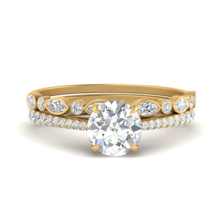 Round Shaped Cathedral Ring With Thin Stack Band with White Diamond in 14K Yellow Gold