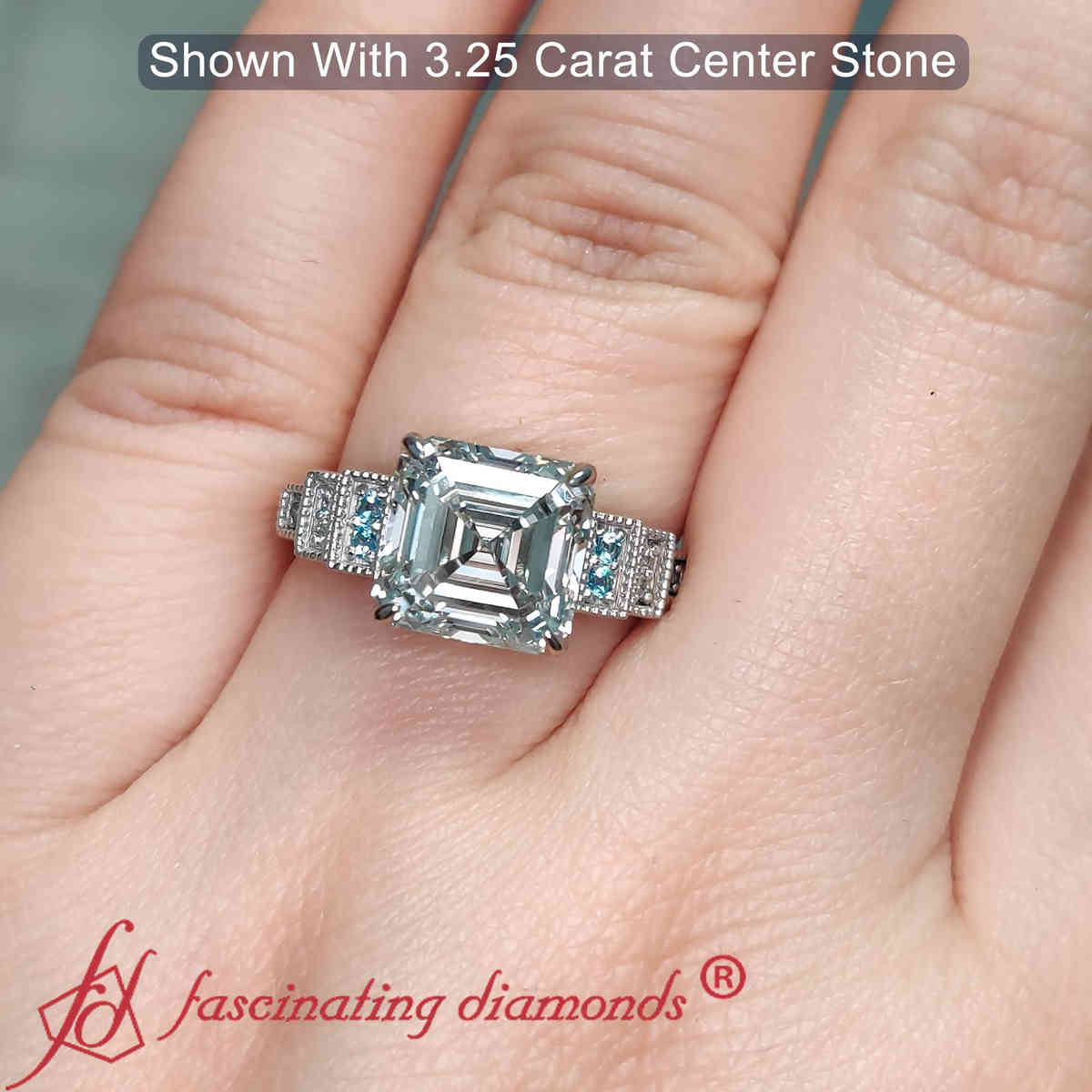 3 Carat Asscher Cut Lab Diamond Art Deco Ring with 18K White Gold Ice Blue Topaz