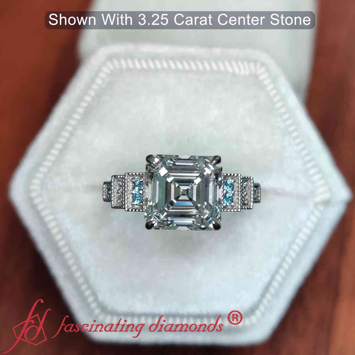 3 Carat Asscher Cut Lab Diamond Art Deco Ring with 18K White Gold Ice Blue Topaz